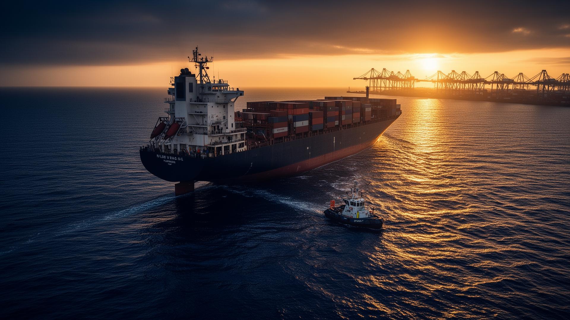 Praticante de prático guiando navio em porto ao amanhecer